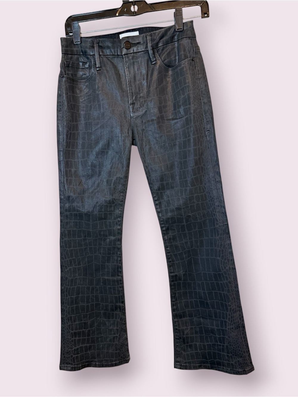 Frame Le Coup Mini Boot Croc Print Coated Jeans Black Size 27